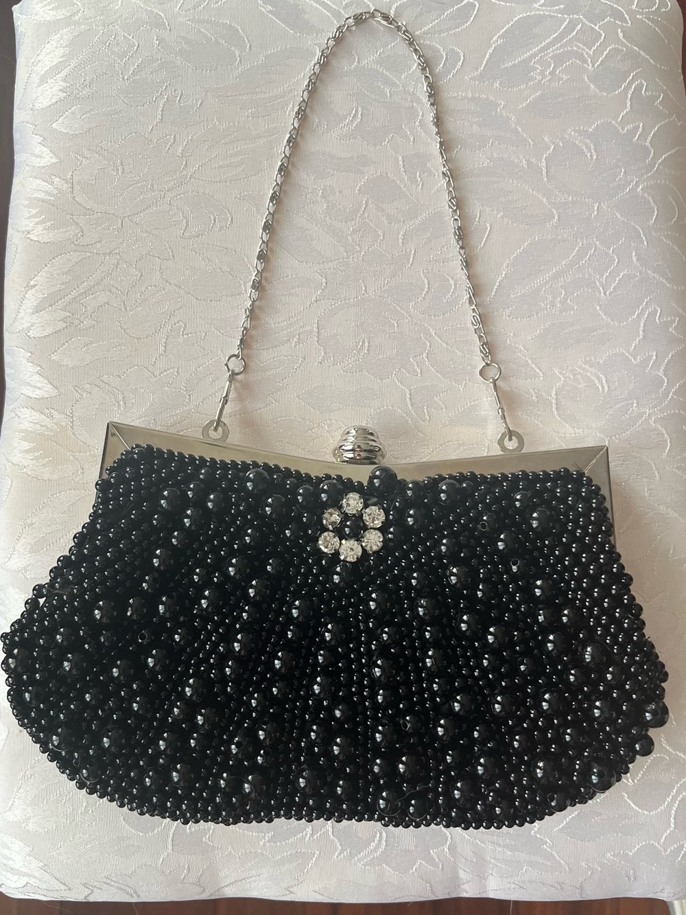 Black Beaded Evening Clutch with Rhinestone Accent